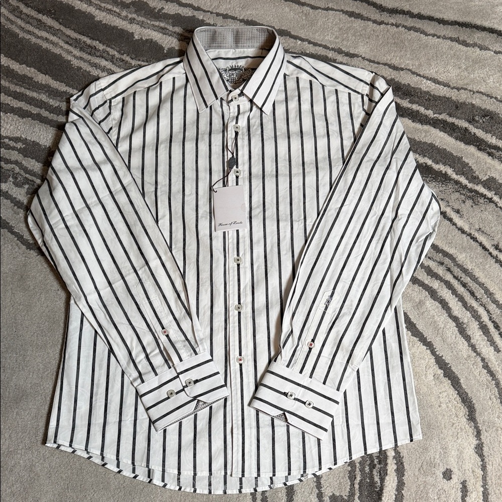 House Of Lords Gray and White Striped Men's Button Up Shirt